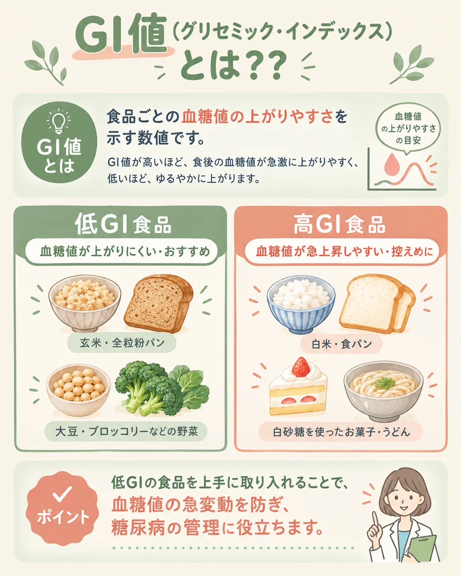 GI値（グリセミック・インデックス）とは：食品ごとの血糖値の上がりやすさを示す数値。低GI食品（血糖値が上がりにくい）の例は玄米・全粒粉パン・大豆・ブロッコリーなどの野菜、高GI食品（血糖値が急上昇しやすい）の例は白米・食パン・白砂糖を使ったお菓子・うどん。低GIの食品を上手に取り入れることで、血糖値の急変動を防ぎ、糖尿病の管理に役立つ